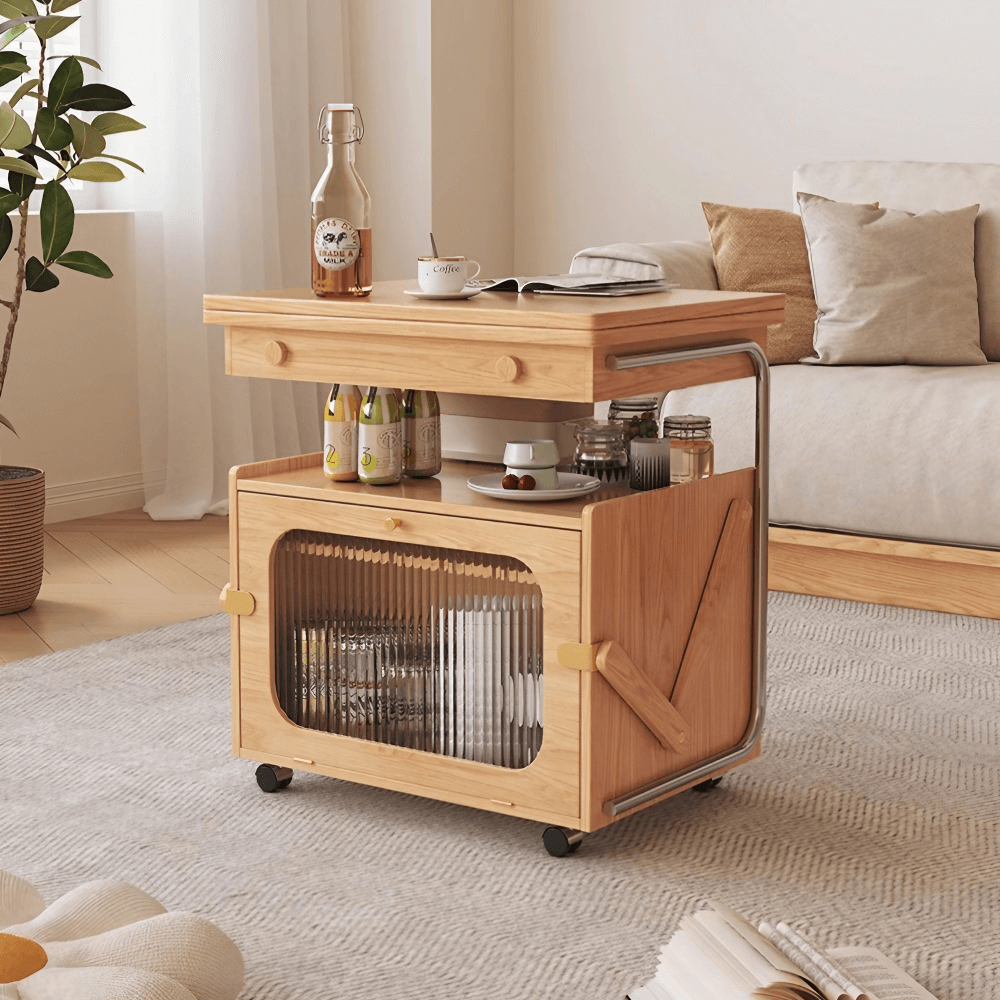 26" Multifunctional Coffee Table - Rectangular Natural Wood Lift Top, Stainless Steel Frame with Locking Wheels