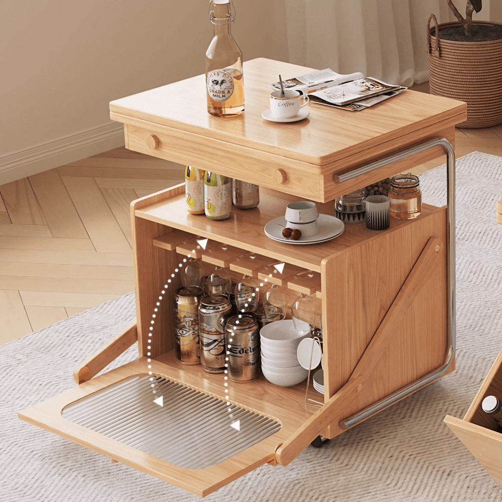 26" Multifunctional Coffee Table - Rectangular Natural Wood Lift Top, Stainless Steel Frame with Locking Wheels