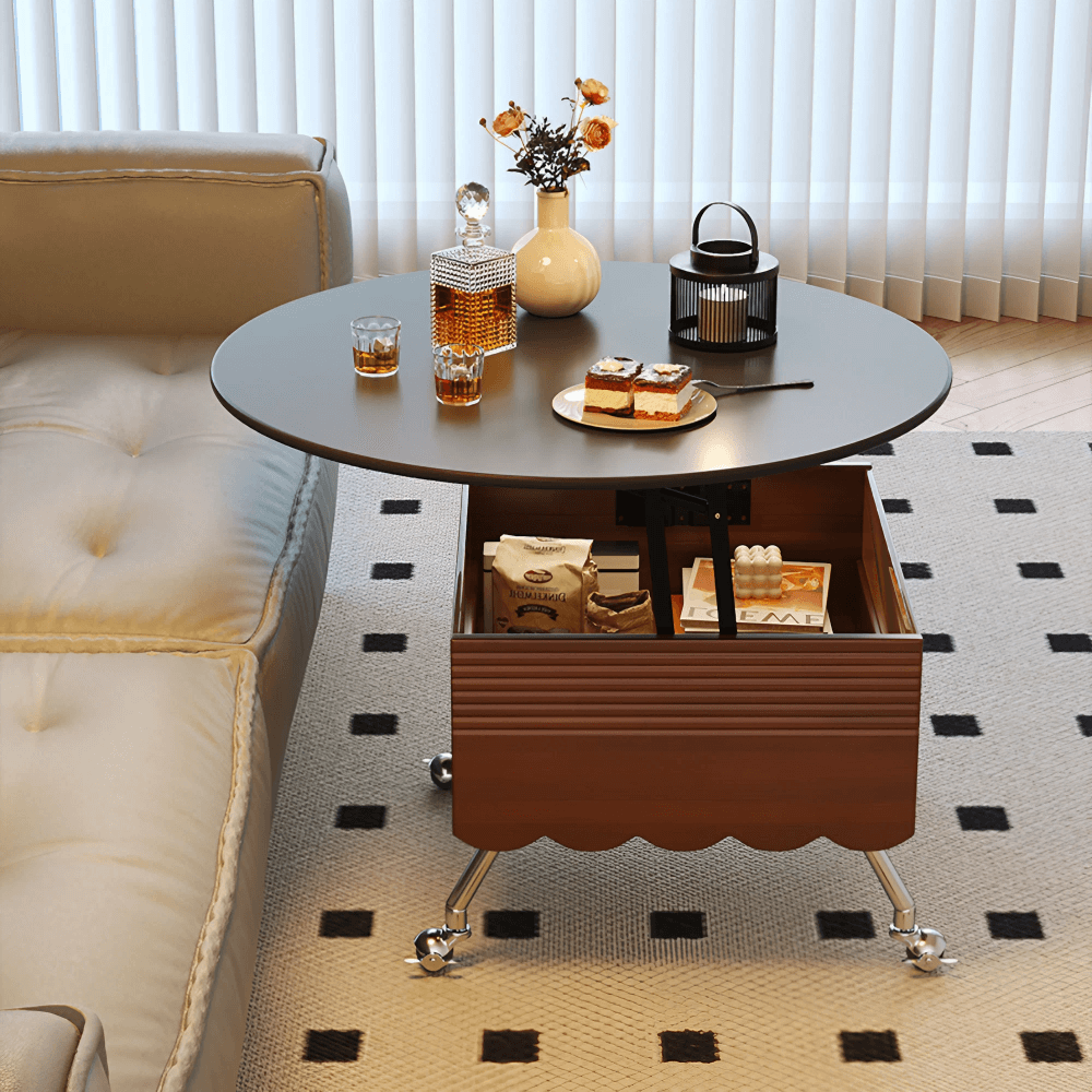 Multifunctional Black Slate Coffee Table - 19" Round Top, Solid Wood 4-Leg Base