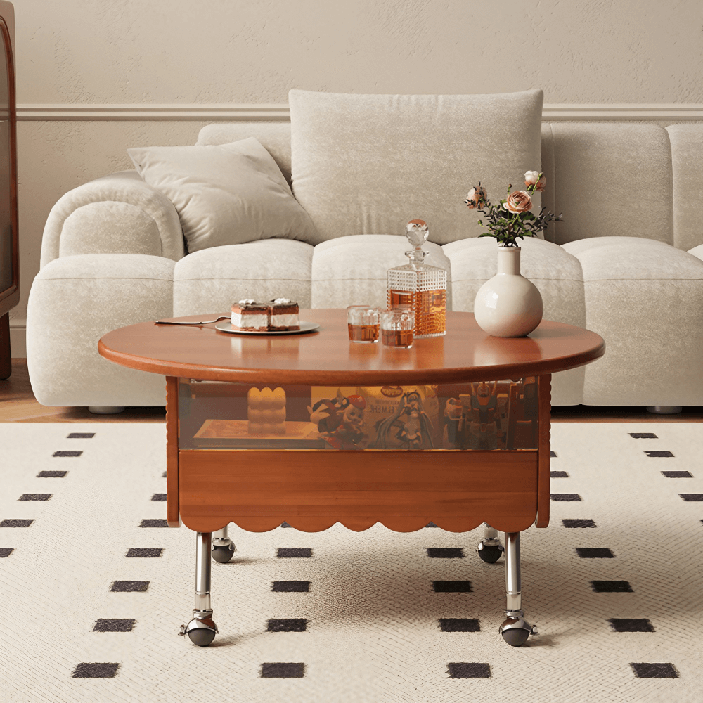 Multifunctional Black Slate Coffee Table - 19" Round Top, Solid Wood 4-Leg Base