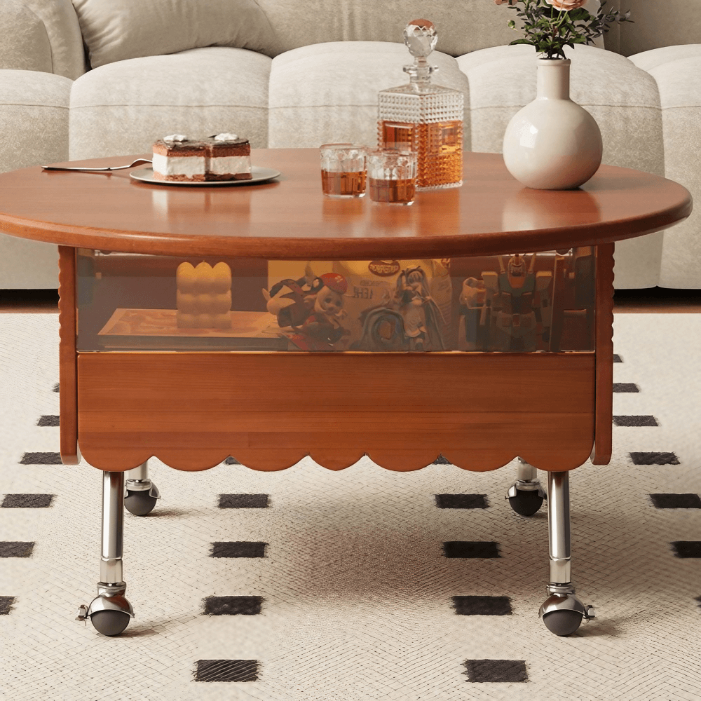 Multifunctional Black Slate Coffee Table - 19" Round Top, Solid Wood 4-Leg Base