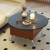 Multifunctional Black Slate Coffee Table - 19" Round Top, Solid Wood 4-Leg Base