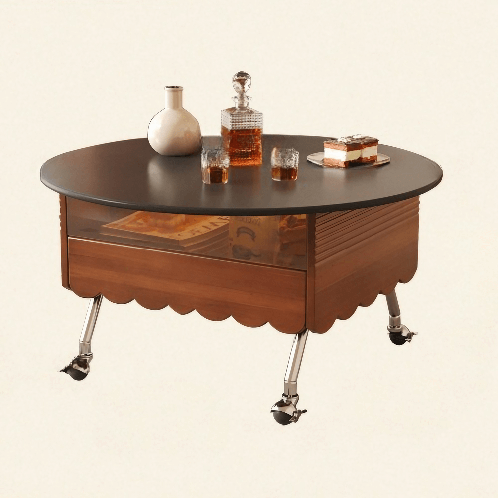 Multifunctional Black Slate Coffee Table - 19" Round Top, Solid Wood 4-Leg Base
