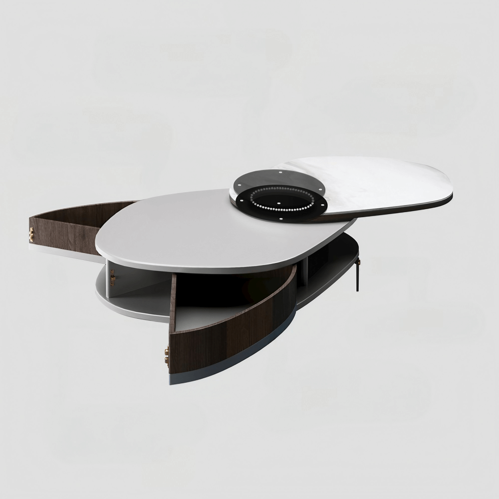 36" Multifunctional Chanel Beige Round Coffee Table Slate Top, 4-Legged Iron-MDF Base, With Drawers