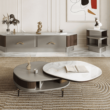 36" Multifunctional Chanel Beige Round Coffee Table Slate Top, 4-Legged Iron-MDF Base, With Drawers