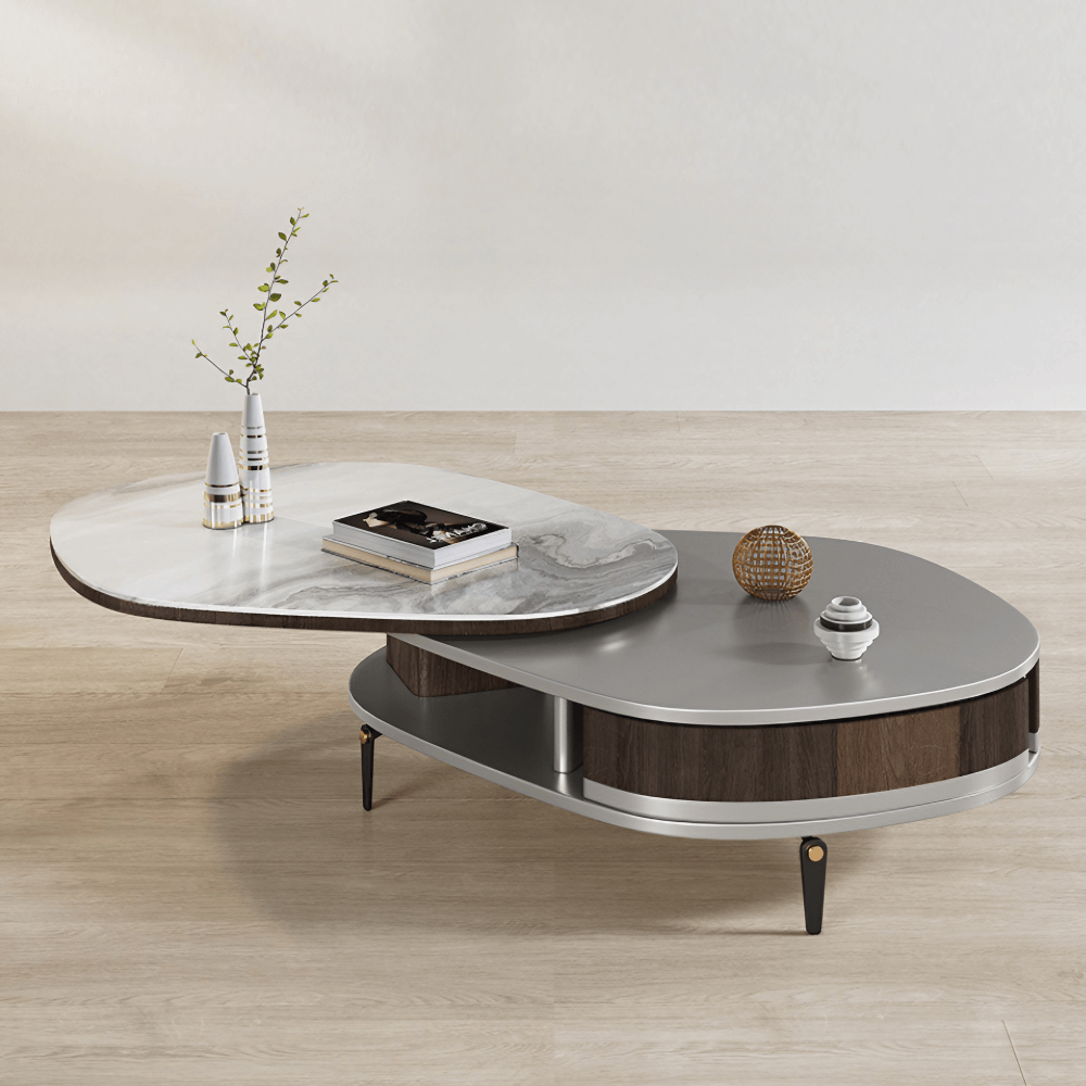 36" Multifunctional Chanel Beige Round Coffee Table Slate Top, 4-Legged Iron-MDF Base, With Drawers