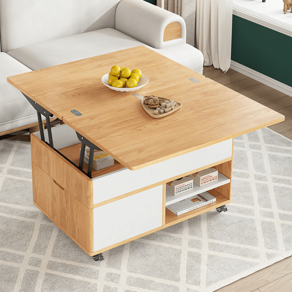Multifunctional Lift-Top 31" Rectangle Coffee Table with Natural Wood Finish and Sturdy Iron Base