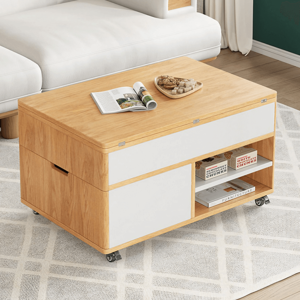 Multifunctional Lift-Top 31" Rectangle Coffee Table with Natural Wood Finish and Sturdy Iron Base