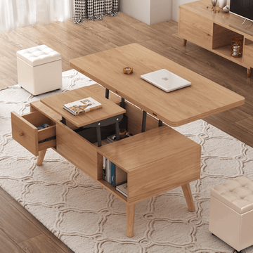 3 In 1 Modern Lift Top Coffee Table Multifunctional Coffee Table with 2 Drawers in Natural Wood Color