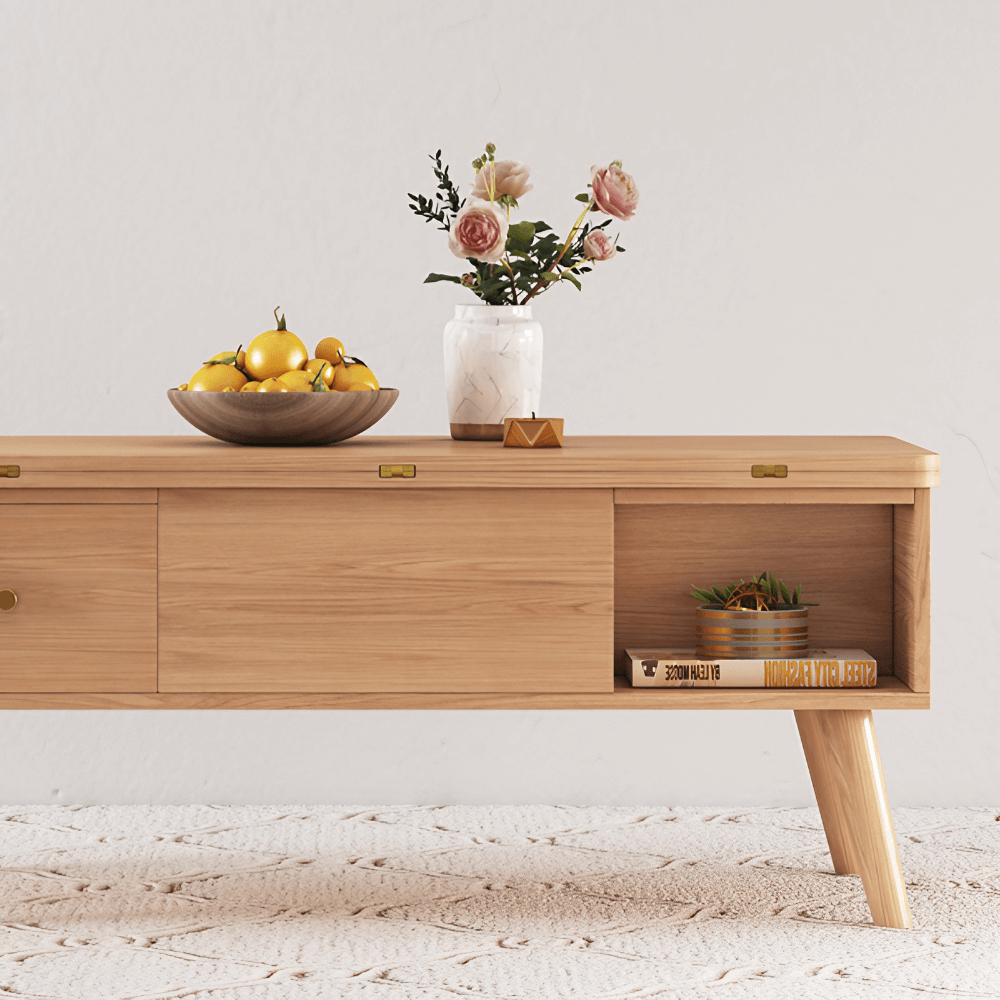 3 In 1 Modern Lift Top Coffee Table Multifunctional Coffee Table with 2 Drawers in Natural Wood Color