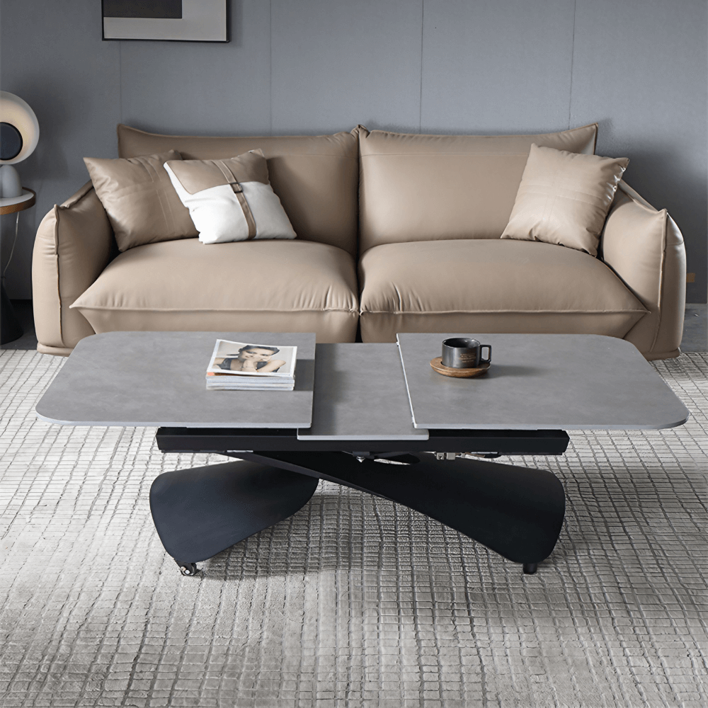 47'' Walnut Lift-Top Coffee Table - Multifunctional Rectangle Table with Iron Double Pedestal Base