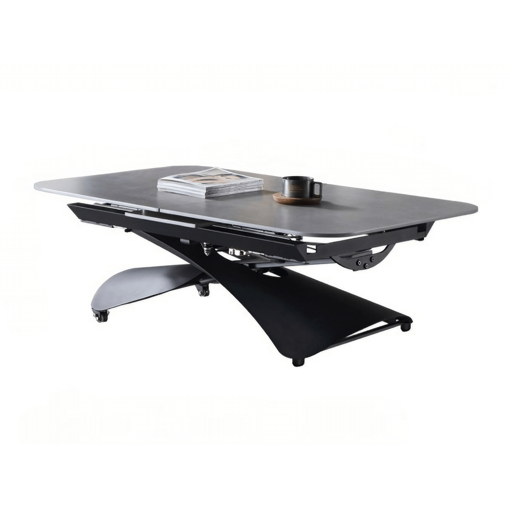 47'' Walnut Lift-Top Coffee Table - Multifunctional Rectangle Table with Iron Double Pedestal Base