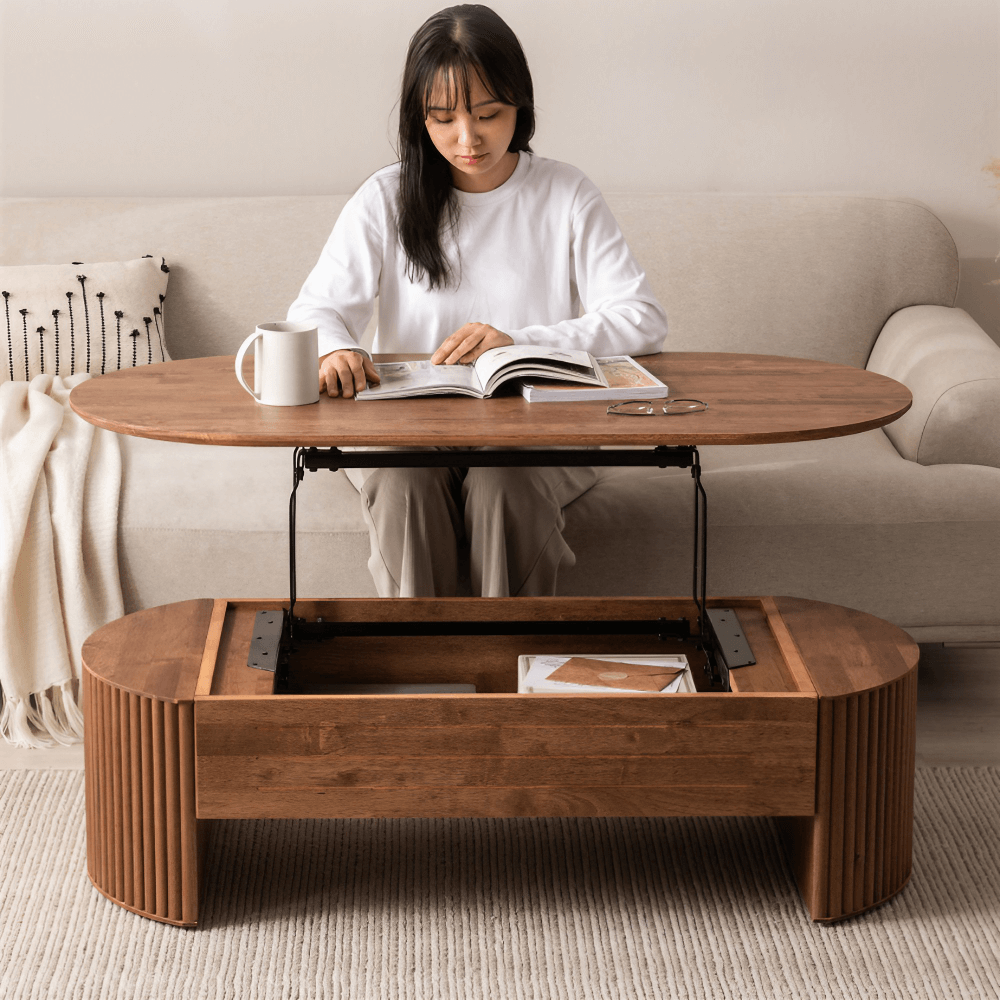 Multifunctional Oval Solid Wood Coffee Table - 47" Lift Top, Walnut Finish