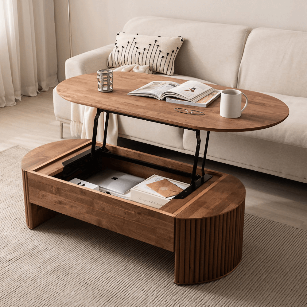 Multifunctional Oval Solid Wood Coffee Table - 47" Lift Top, Walnut Finish
