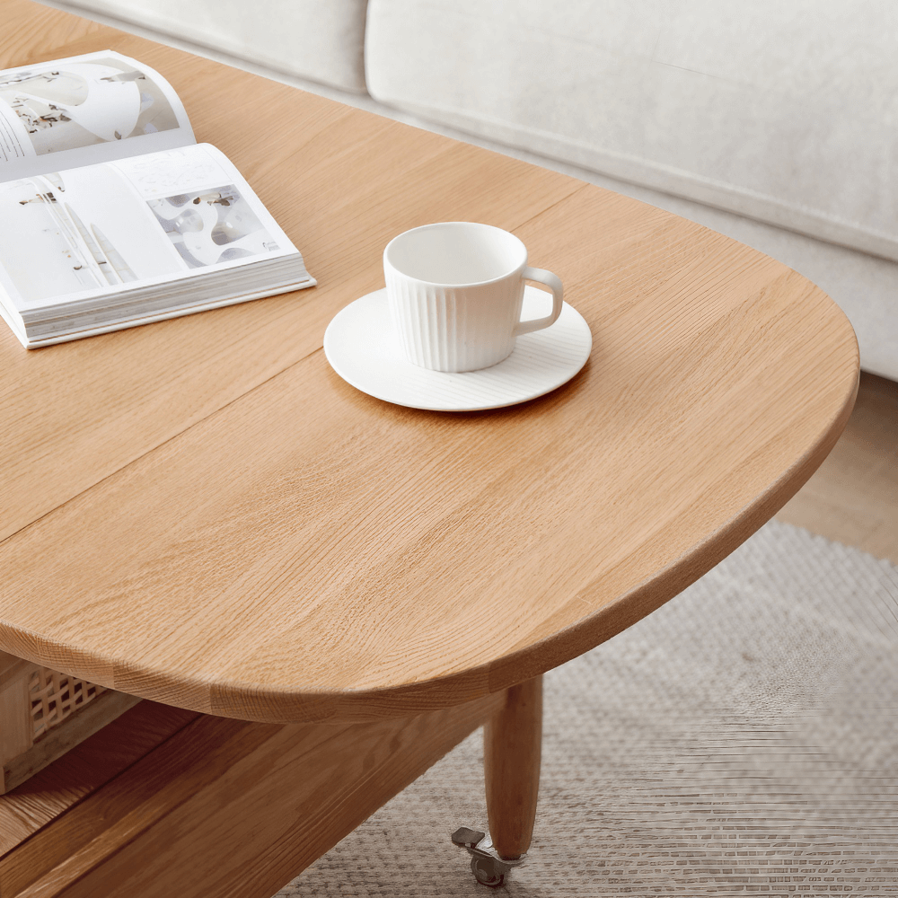 47" Multifunctional Rectangular Coffee Table in Natural Wood Solid Wood with 4 Legs and Locking Wheels