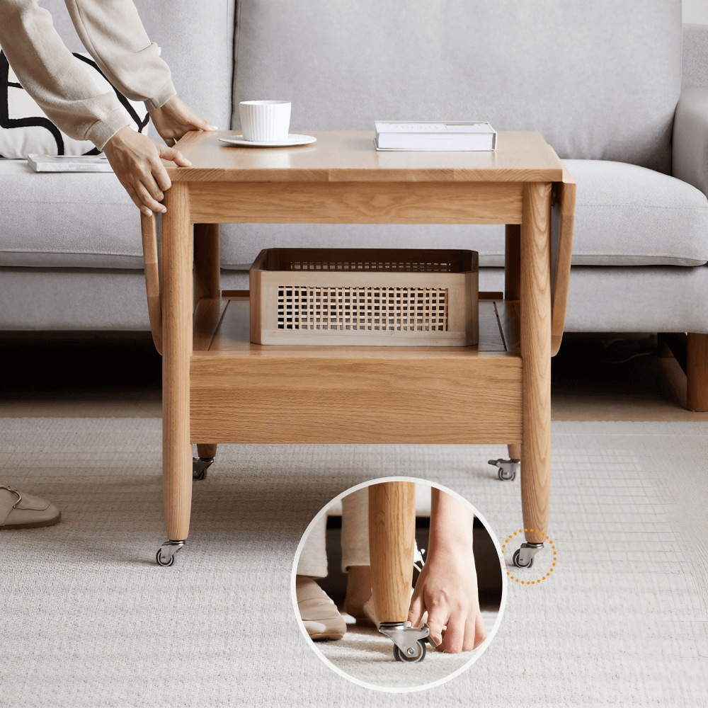 47" Multifunctional Rectangular Coffee Table in Natural Wood Solid Wood with 4 Legs and Locking Wheels
