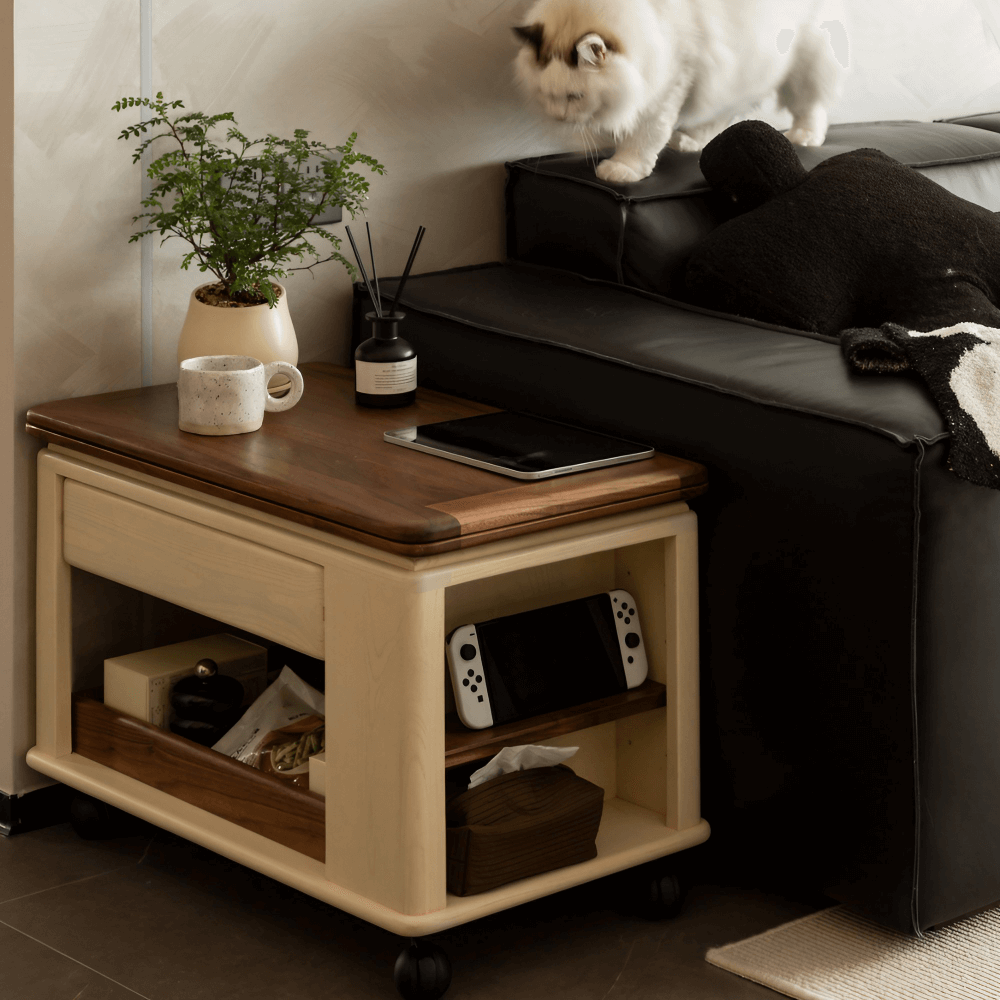 28'' Multifunctional Rectangular Coffee Table with Locking Wheels White Solid Wood