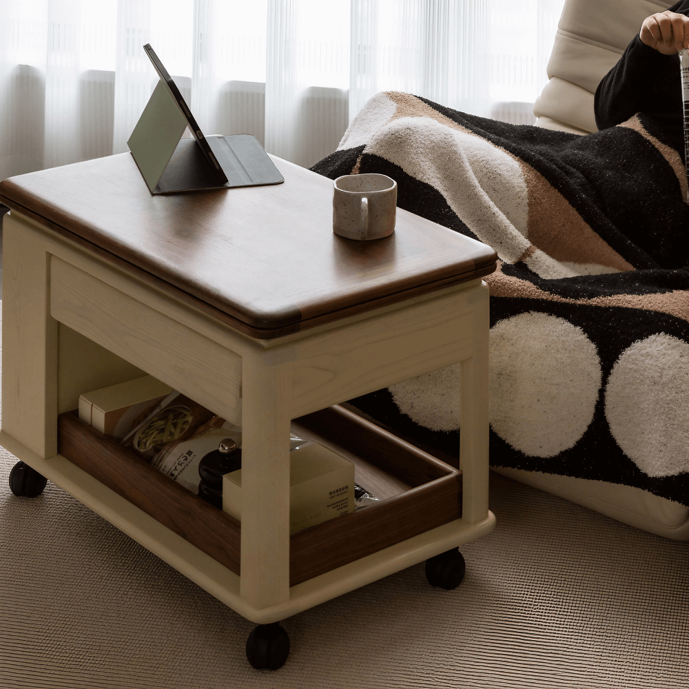 28'' Multifunctional Rectangular Coffee Table with Locking Wheels White Solid Wood