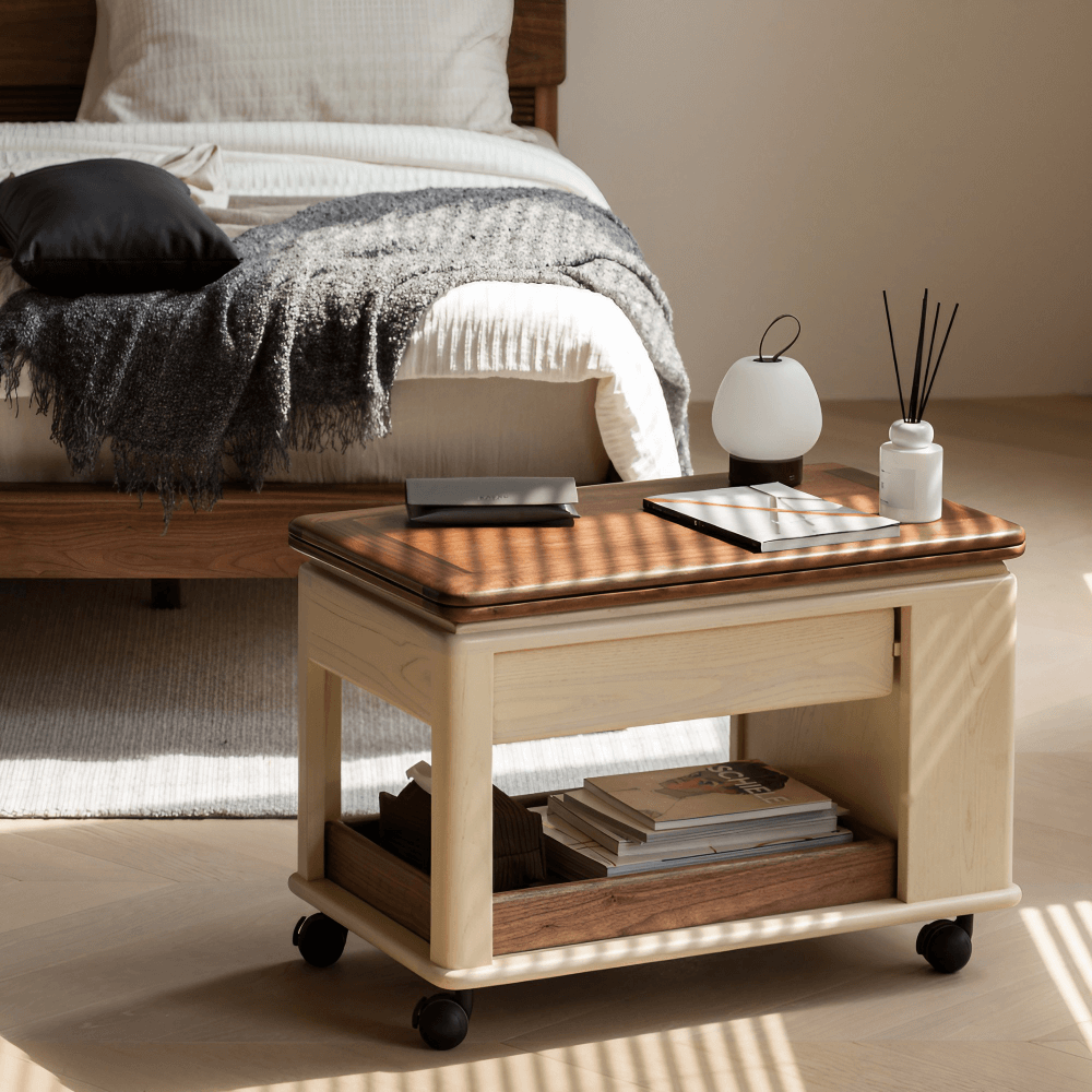 28'' Multifunctional Rectangular Coffee Table with Locking Wheels White Solid Wood