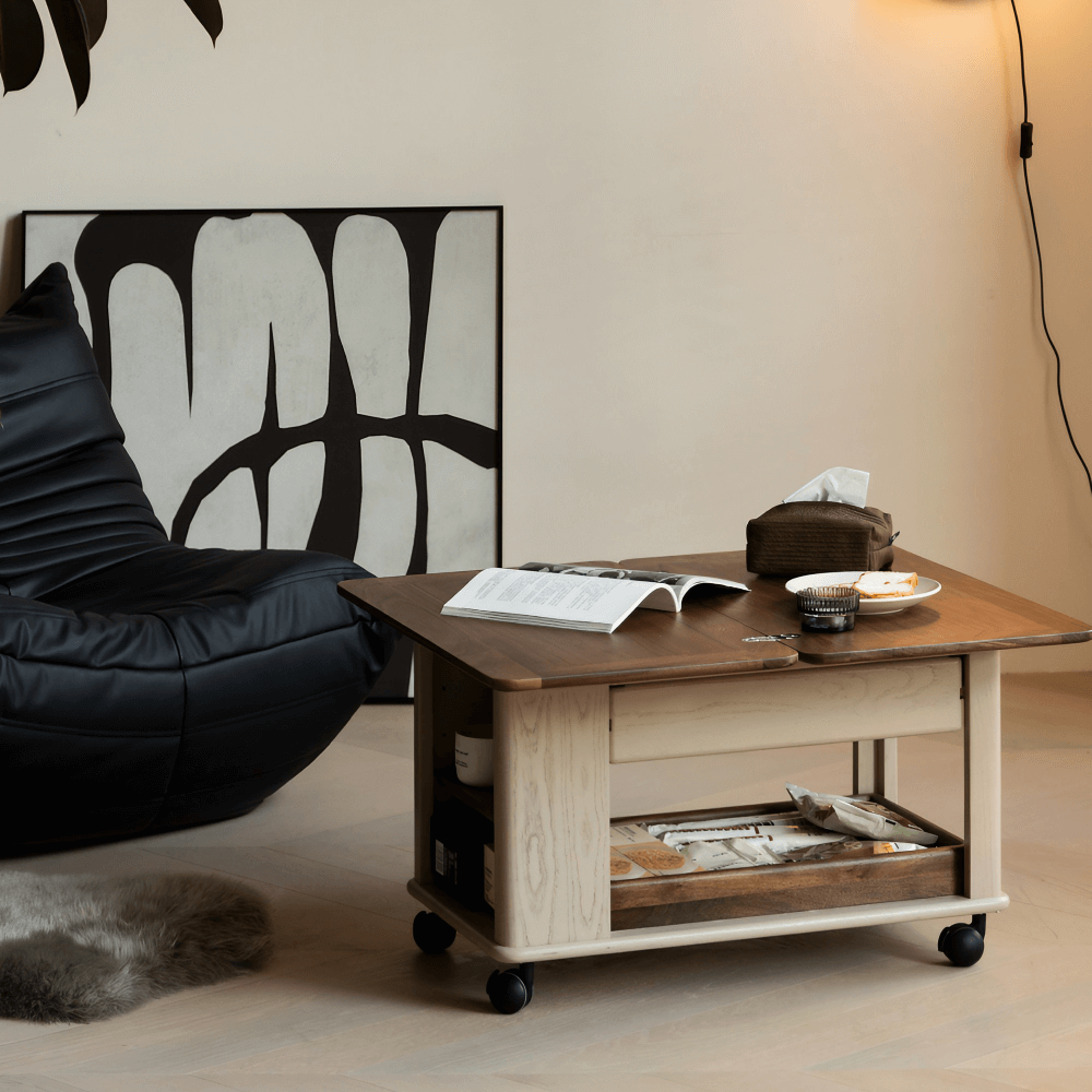 28'' Multifunctional Rectangular Coffee Table with Locking Wheels White Solid Wood