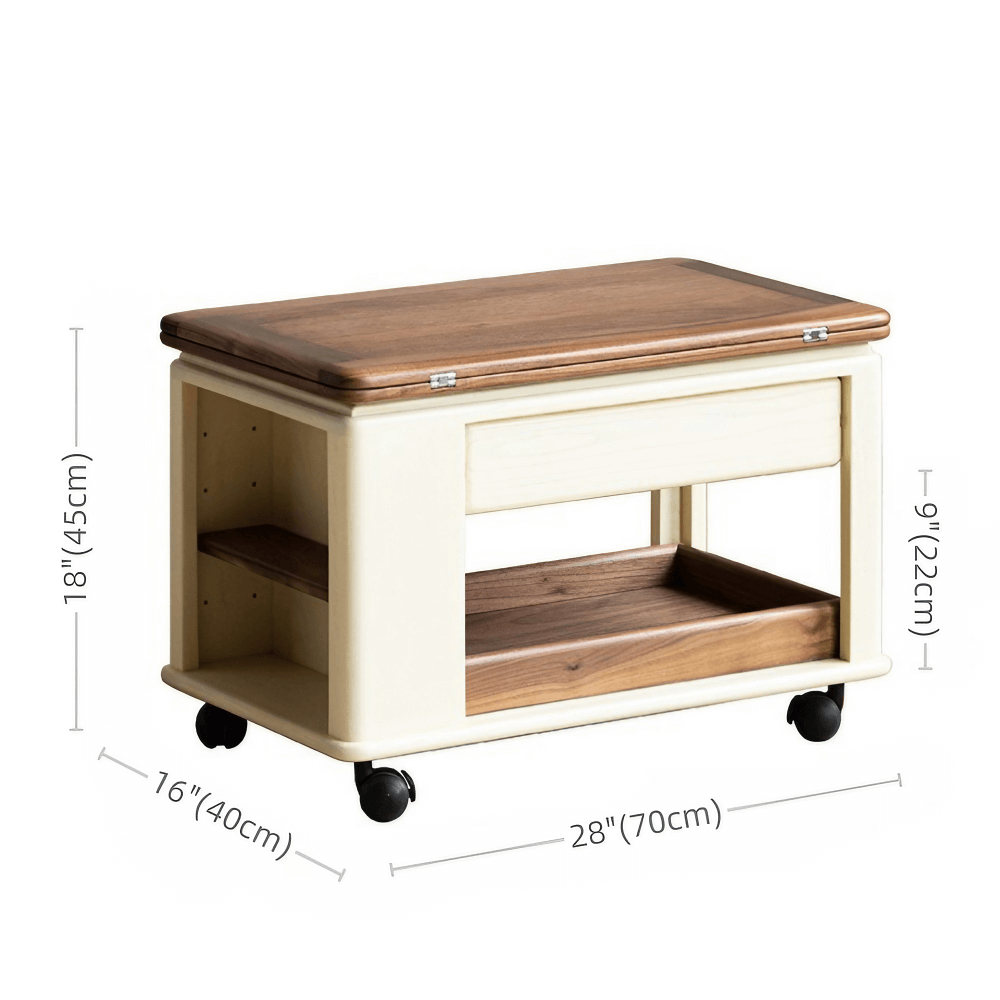 28'' Multifunctional Rectangular Coffee Table with Locking Wheels White Solid Wood