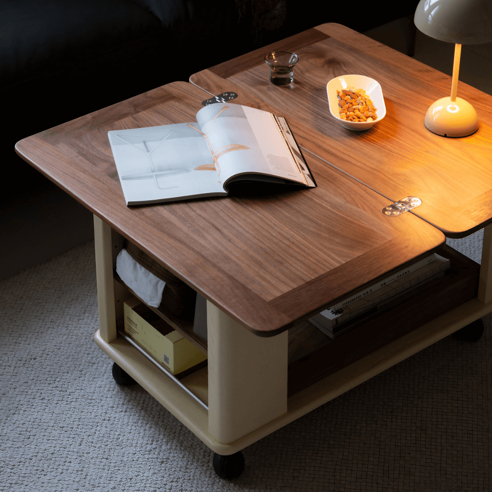 28'' Multifunctional Rectangular Coffee Table with Locking Wheels White Solid Wood