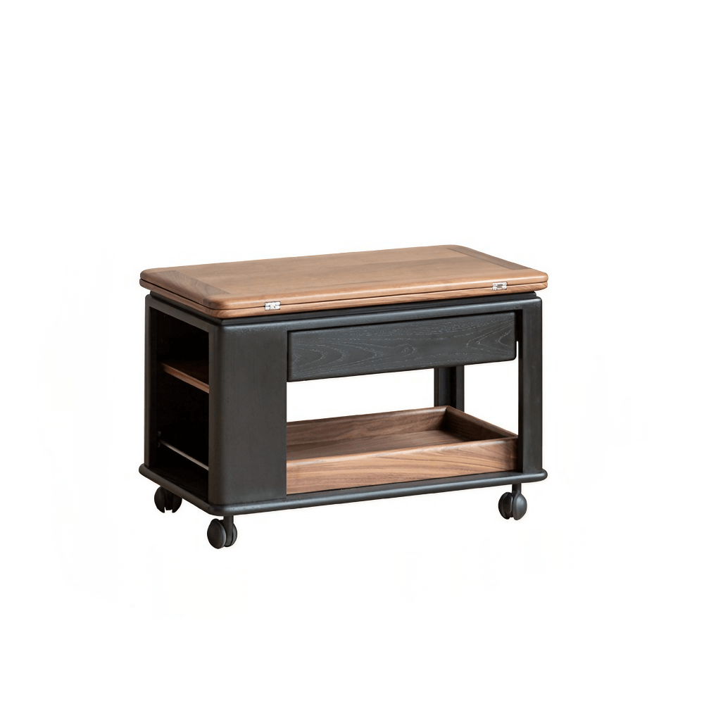 28'' Multifunctional Rectangular Coffee Table with Locking Wheels White Solid Wood