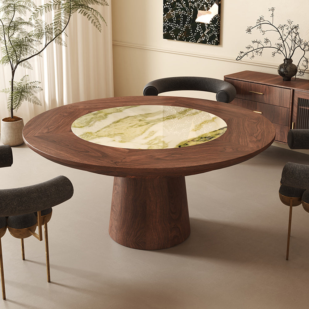 RINGCHEN Black Walnut Round Dining Table with Integrated Irish Green Stone Lazy Susan