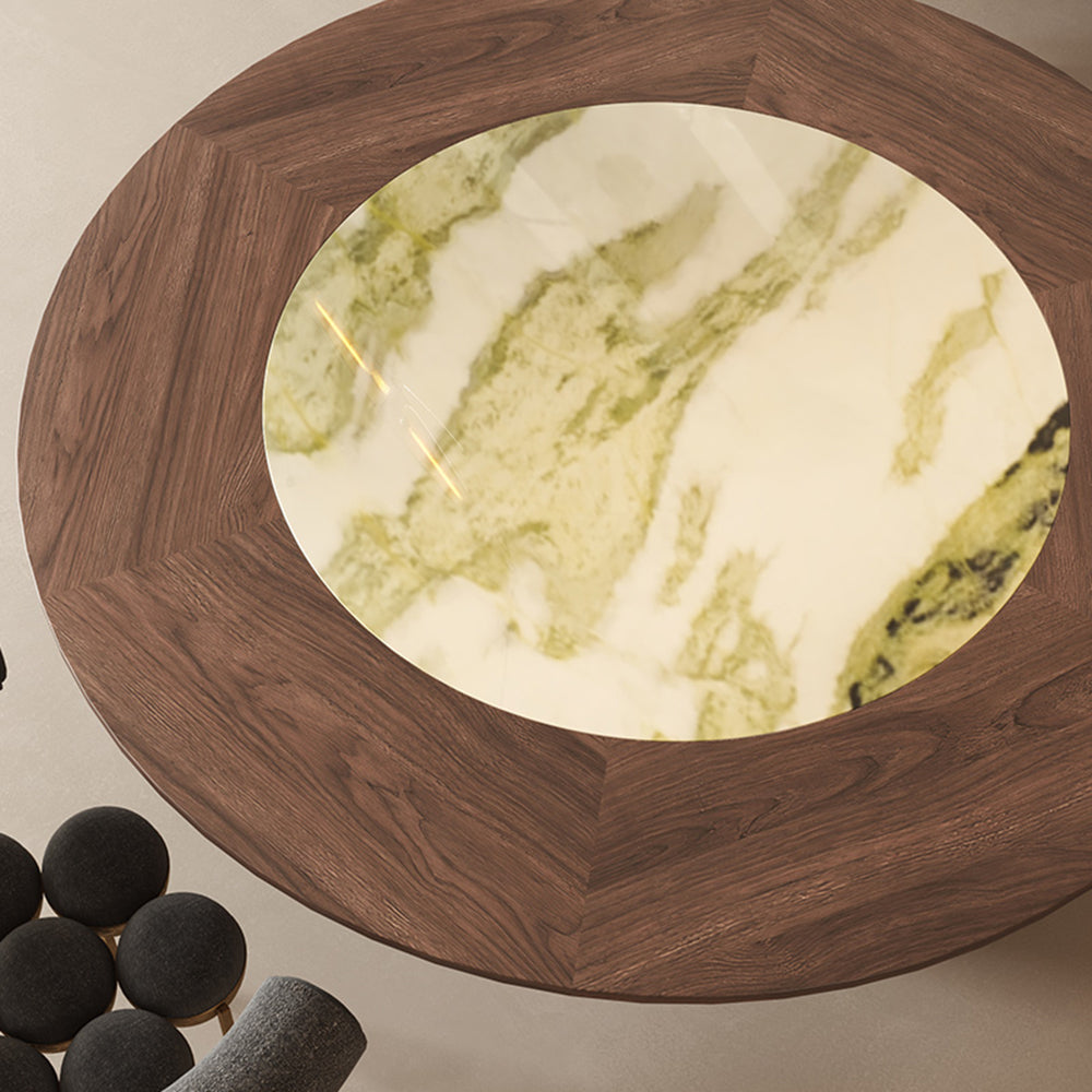 RINGCHEN Black Walnut Round Dining Table with Integrated Irish Green Stone Lazy Susan