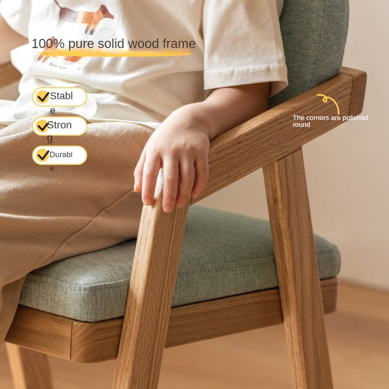 Oak Solid Wood Adjustable Height Kids Soft Chair.