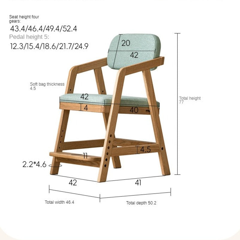 Oak Solid Wood Adjustable Height Kids Soft Chair.