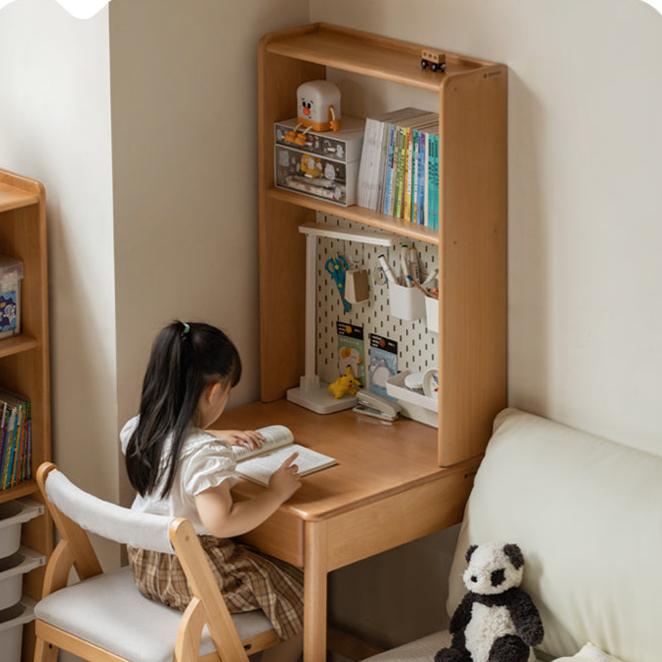 Beech, Rubber Solid Wood Children's Desk Bookshelf Integrated