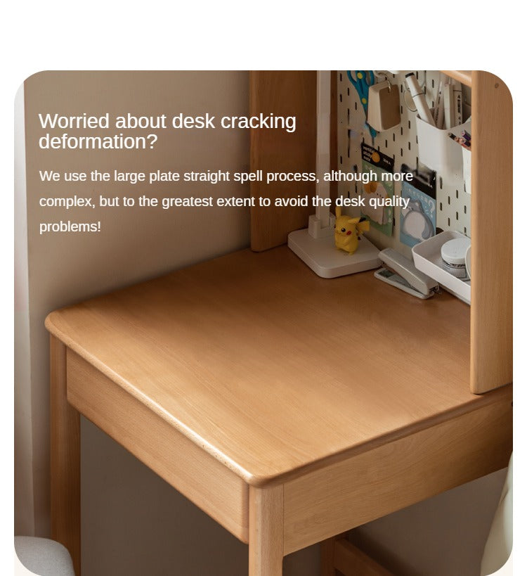 Beech, Rubber Solid Wood Children's Desk Bookshelf Integrated