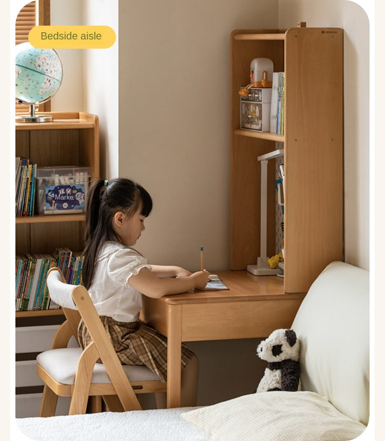 Beech, Rubber Solid Wood Children's Desk Bookshelf Integrated