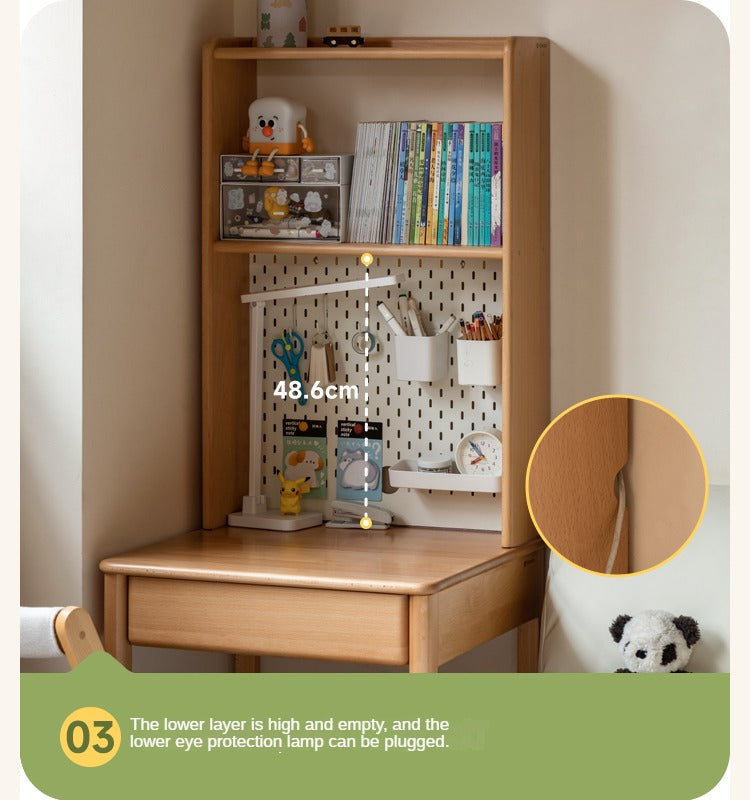 Beech, Rubber Solid Wood Children's Desk Bookshelf Integrated