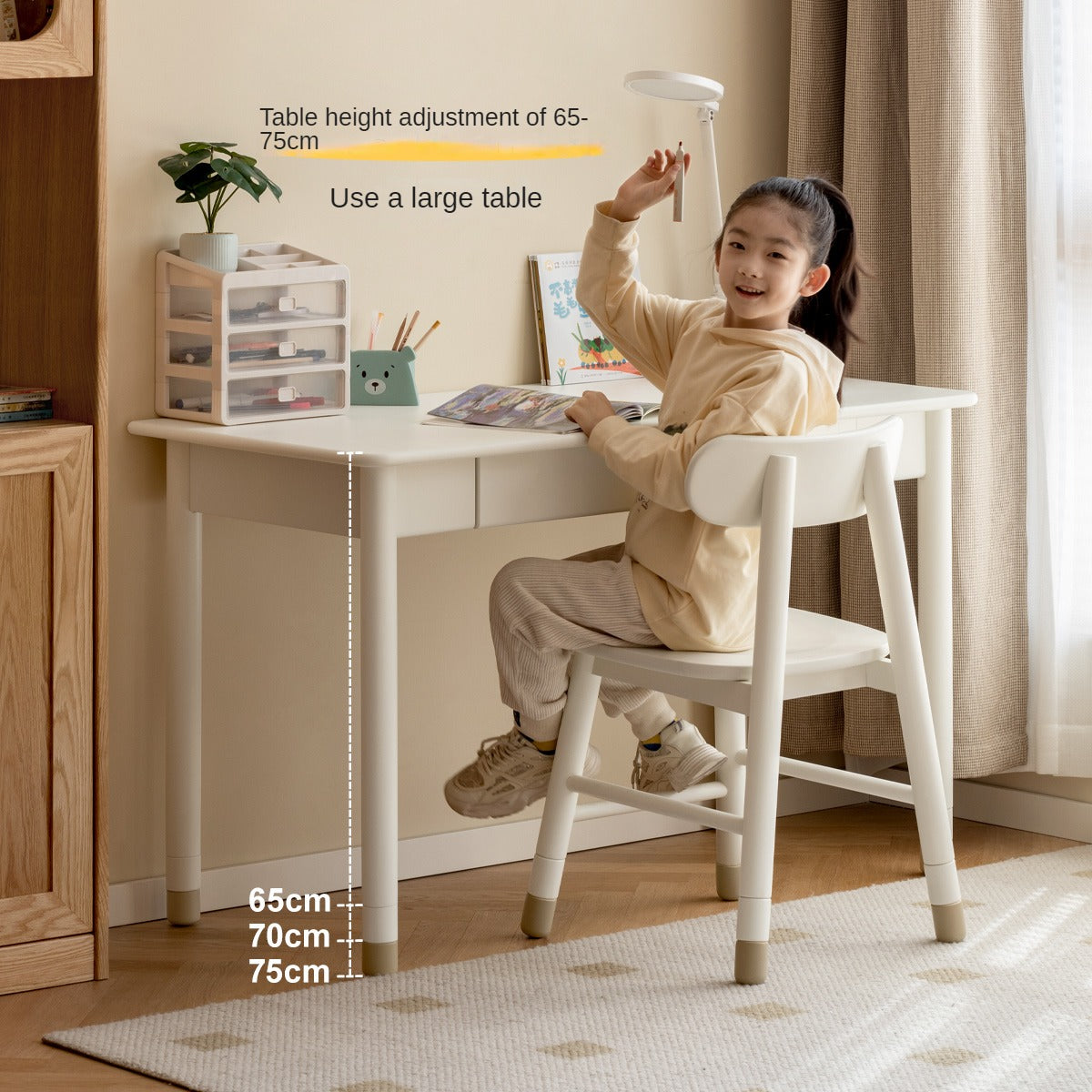 Poplar Solid Wood, solid Rubberwood Children's Elevated Learning Table Cream Drawer Table