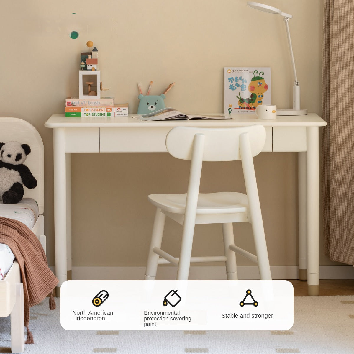 Poplar Solid Wood, solid Rubberwood Children's Elevated Learning Table Cream Drawer Table