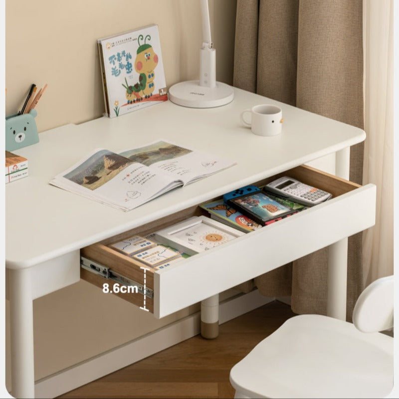 Poplar Solid Wood, solid Rubberwood Children's Elevated Learning Table Cream Drawer Table