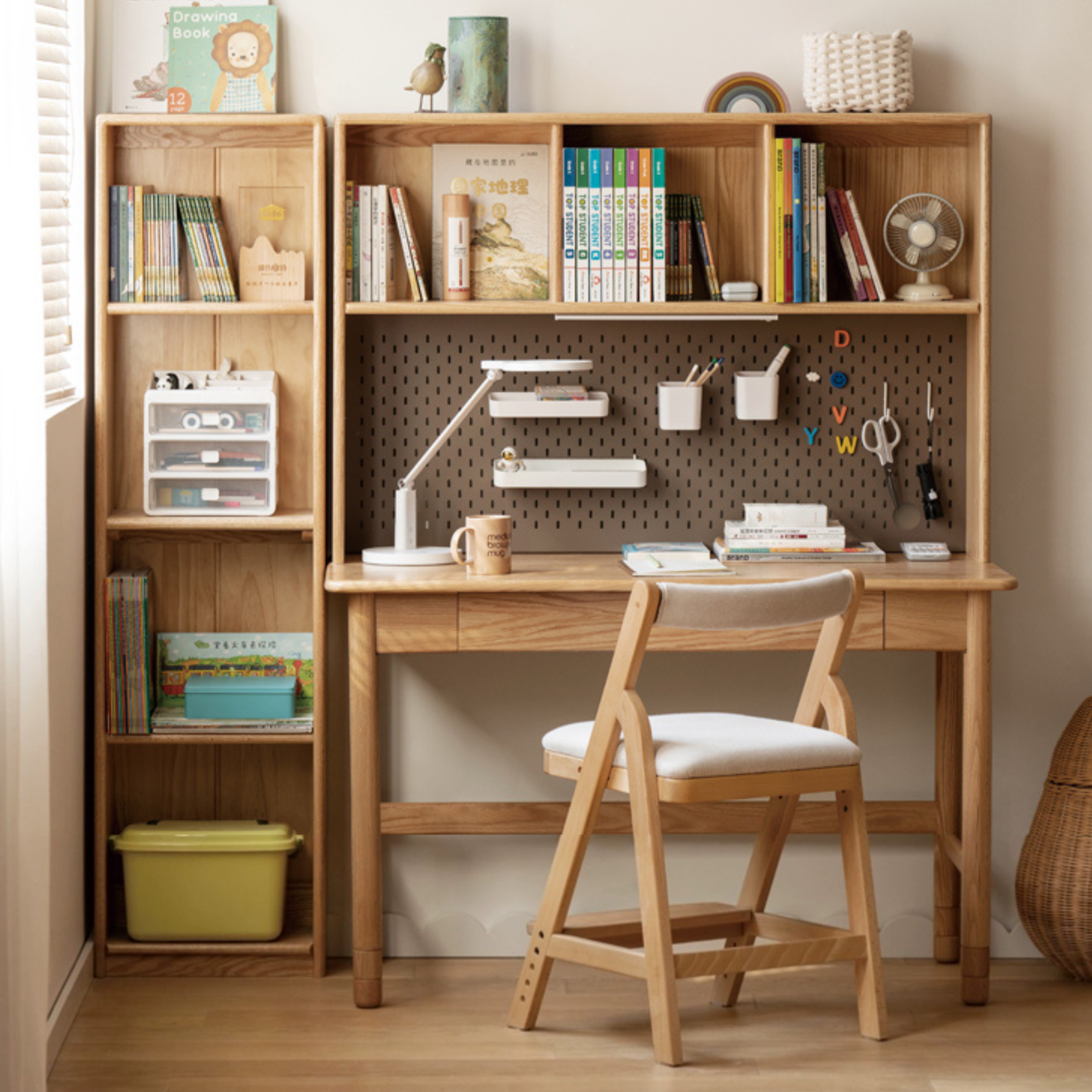 Oak Solid Wood Kids Lifting Study Desk Bookshelf