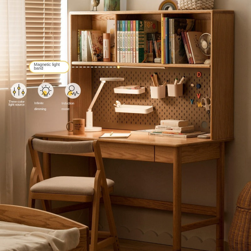 Oak Solid Wood Kids Lifting Study Desk Bookshelf