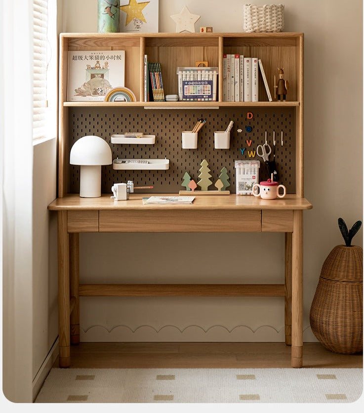 Oak Solid Wood Kids Lifting Study Desk Bookshelf