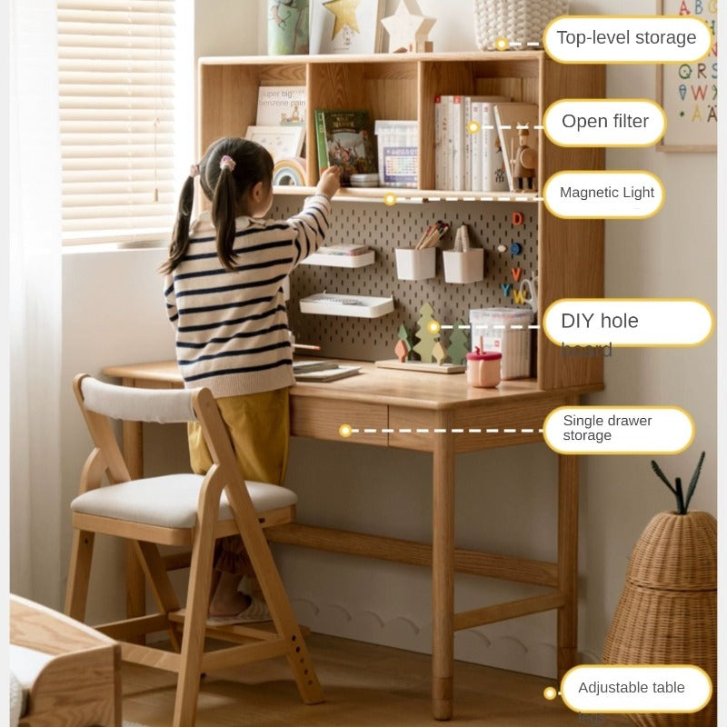 Oak Solid Wood Kids Lifting Study Desk Bookshelf