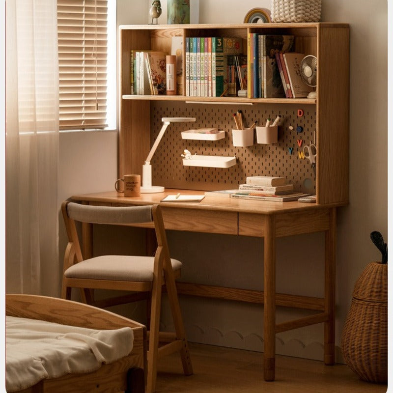 Oak Solid Wood Kids Lifting Study Desk Bookshelf