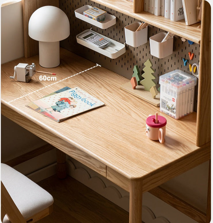 Oak Solid Wood Kids Lifting Study Desk Bookshelf