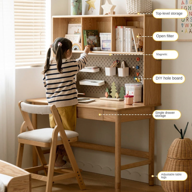 Oak Solid Wood Kids Lifting Study Desk Bookshelf