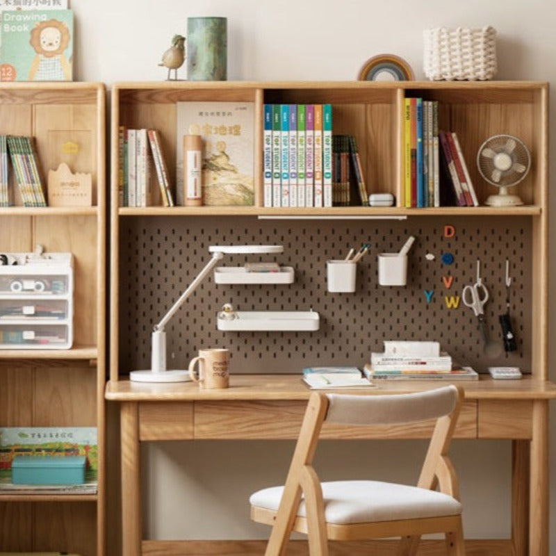 Oak Solid Wood Kids Lifting Study Desk Bookshelf