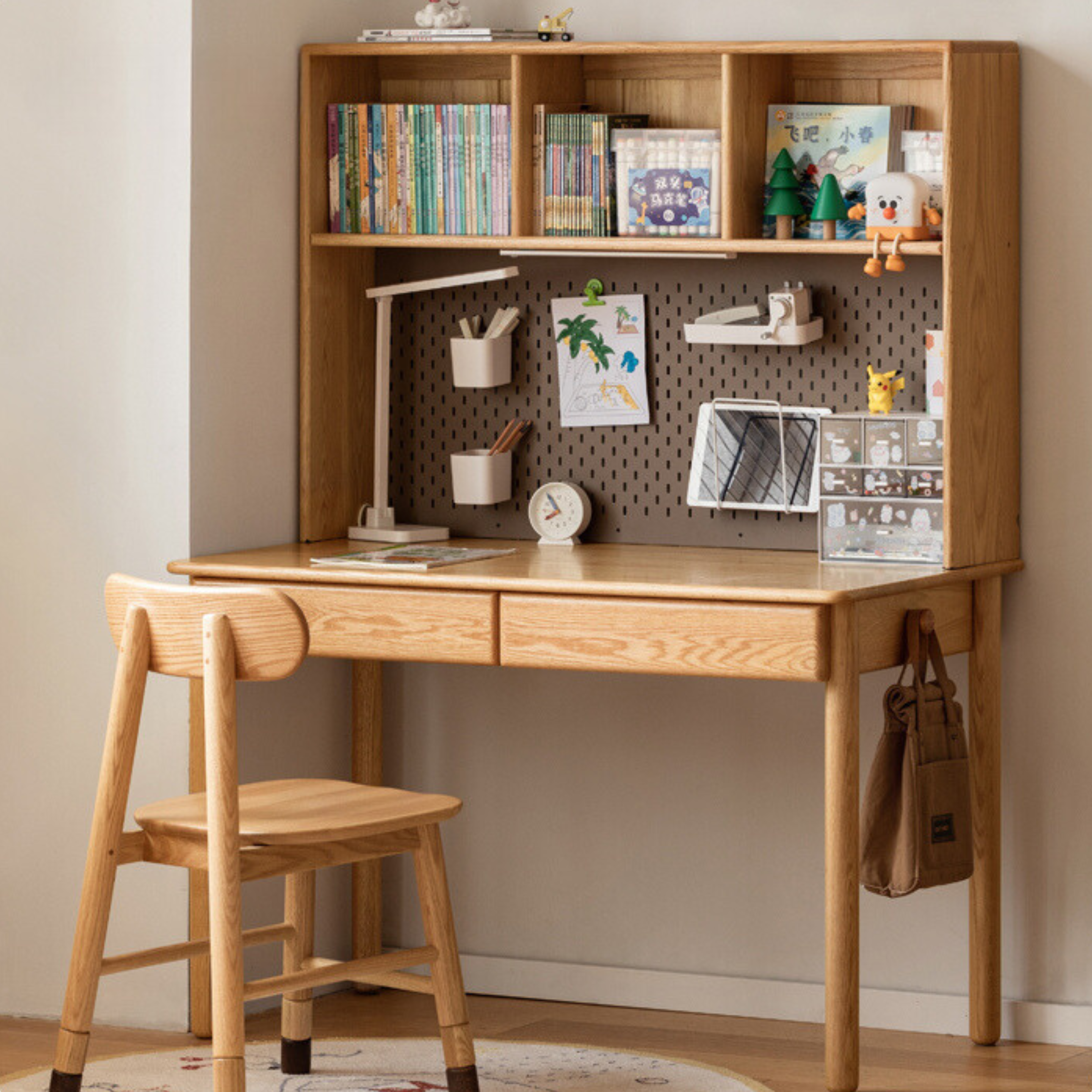 Oak, Beech Solid Wood Children's Ctudy Desk Bookshelf Integrated