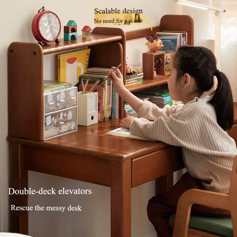 Poplar Solid Wood Children's Study Table Bookshelf Integrated.