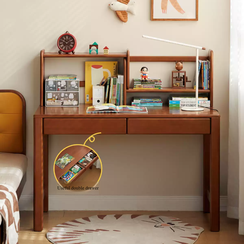 Poplar Solid Wood Children's Study Table Bookshelf Integrated.