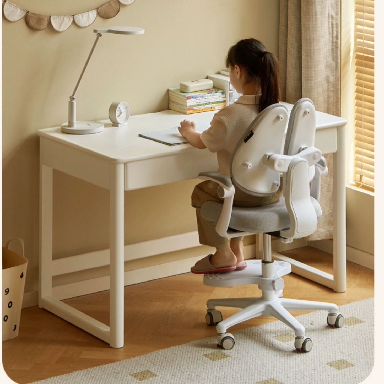 Poplar Solid Wood Study Table Writing Desk White Cream